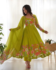 Neon Color Floral Print Organza Three Piece Anarkali Suit