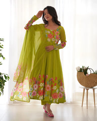 Neon Color Floral Print Organza Three Piece Anarkali Suit