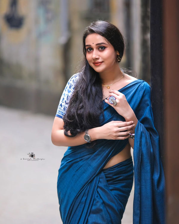 Blue Colour Traditional Looking Chanderi Cotton Saree