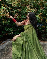 Olive colour traditional looking chanderi cotton saree