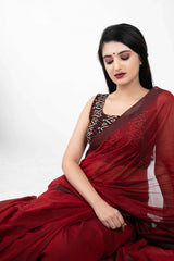 Marron Colour Chanderi Saree With Digital Printed Blouse