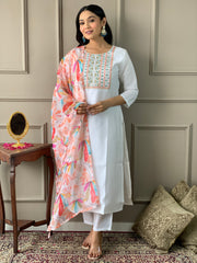 White Embroidered Viscose Chanderi Kurta Set