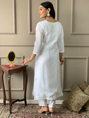 White Embroidered Viscose Chanderi Kurta Set