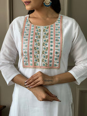 White Embroidered Viscose Chanderi Kurta Set