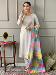 Women's Cream Simar Embroidered Straight Kurta with Simar Pant and Chinon Printed Dupatta Sets