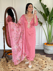 Women’s Pink Rayon Slub Embroidered Straight Kurta with Rayon Slub Pant and Silk Printed Dupatta Set – Baby Pink