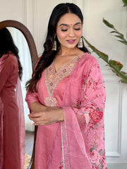 Women’s Pink Rayon Slub Embroidered Straight Kurta with Rayon Slub Pant and Silk Printed Dupatta Set – Baby Pink