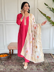 Women's Gajri Chanderi Embroidered Straight Kurta with Chanderi Pant and Silk Jacquard Dupatta Sets