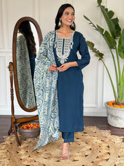 Blue Sequins Viscose Pant Suit With Bandhani Dupatta