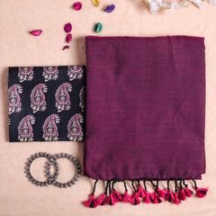 Wine Handloom Cotton Saree With Printed Blouse