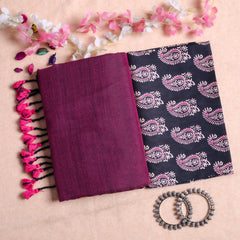 Wine Handloom Cotton Saree With Printed Blouse