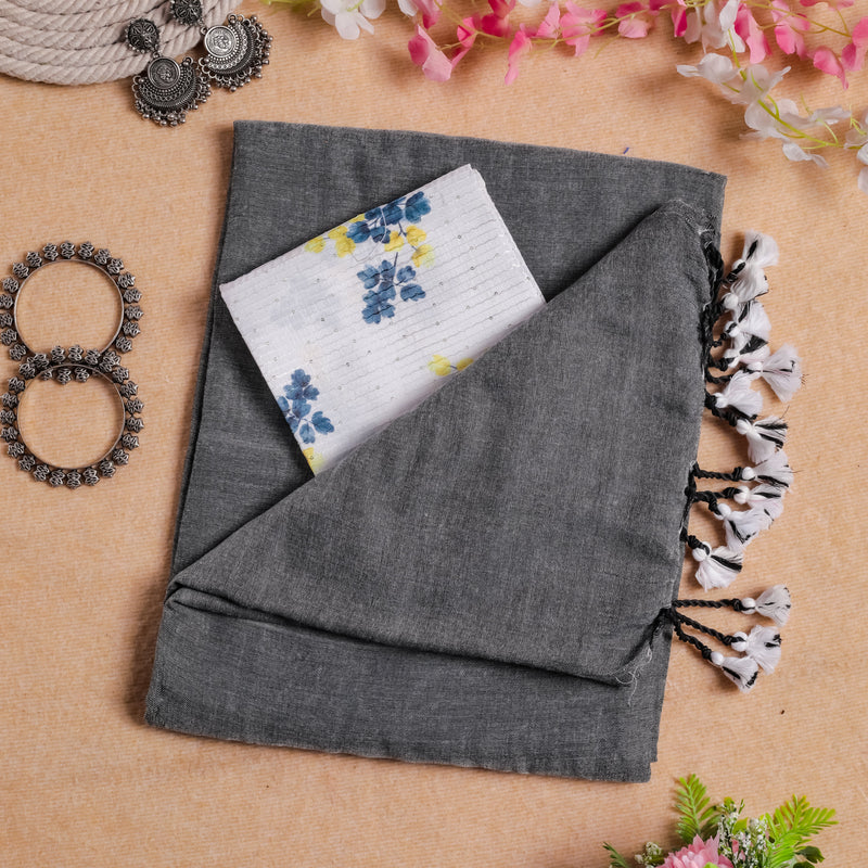 LIght Grey Handloom Cotton Saree With Printed Blouse