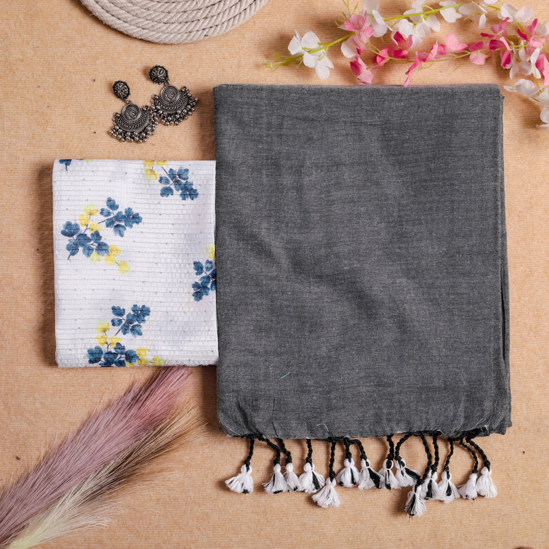 LIght Grey Handloom Cotton Saree With Printed Blouse