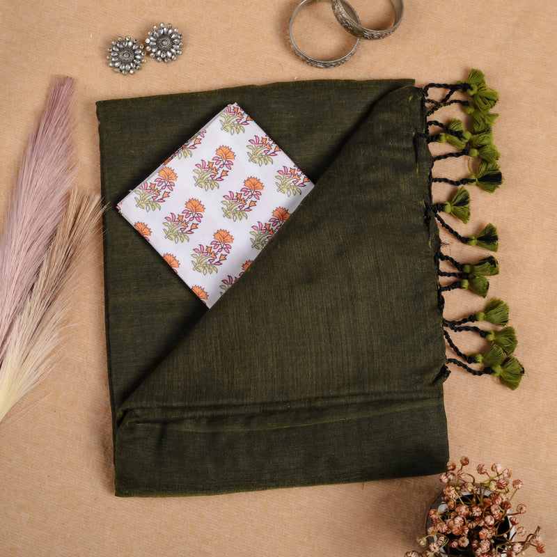 Mahendi Handloom Cotton Saree With Printed Blouse