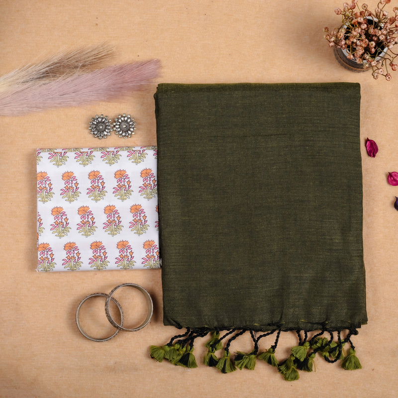 Mahendi Handloom Cotton Saree With Printed Blouse