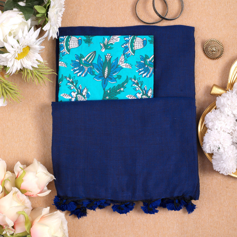 BLUE HANDLOOM COTTON SAREE WITH PRINTED BLOUSE