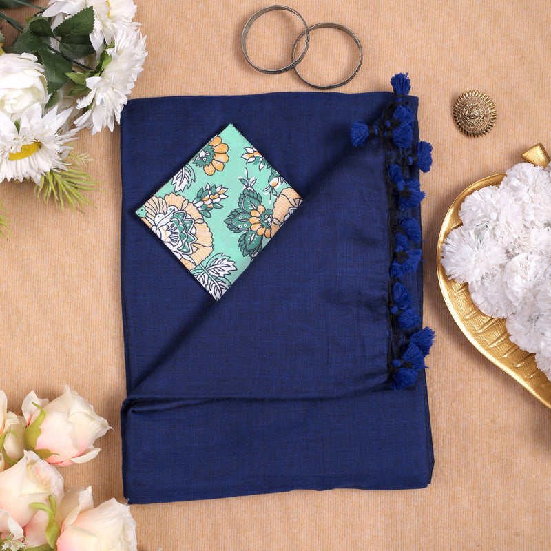BLUE HANDLOOM COTTON SAREE WITH PRINTED BLOUSE
