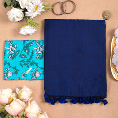 BLUE HANDLOOM COTTON SAREE WITH PRINTED BLOUSE