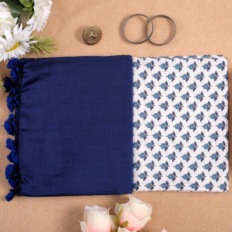 BLUE HANDLOOM COTTON SAREE WITH PRINTED BLOUSE