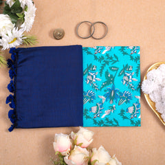 BLUE HANDLOOM COTTON SAREE WITH PRINTED BLOUSE