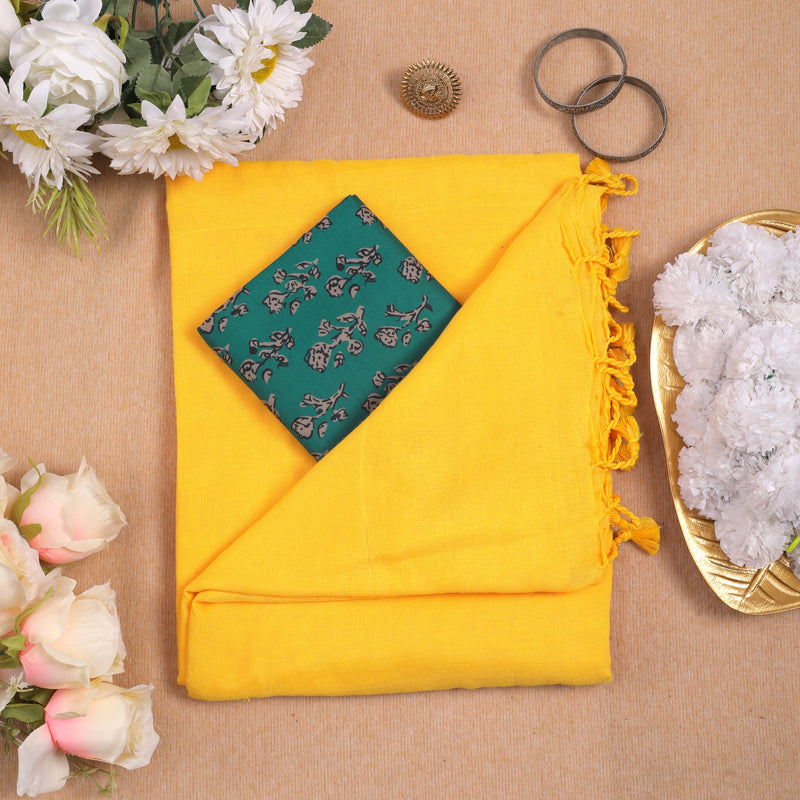 YELLOW HANDLOOM COTTON SAREE WITH PRINTED BLOUSE