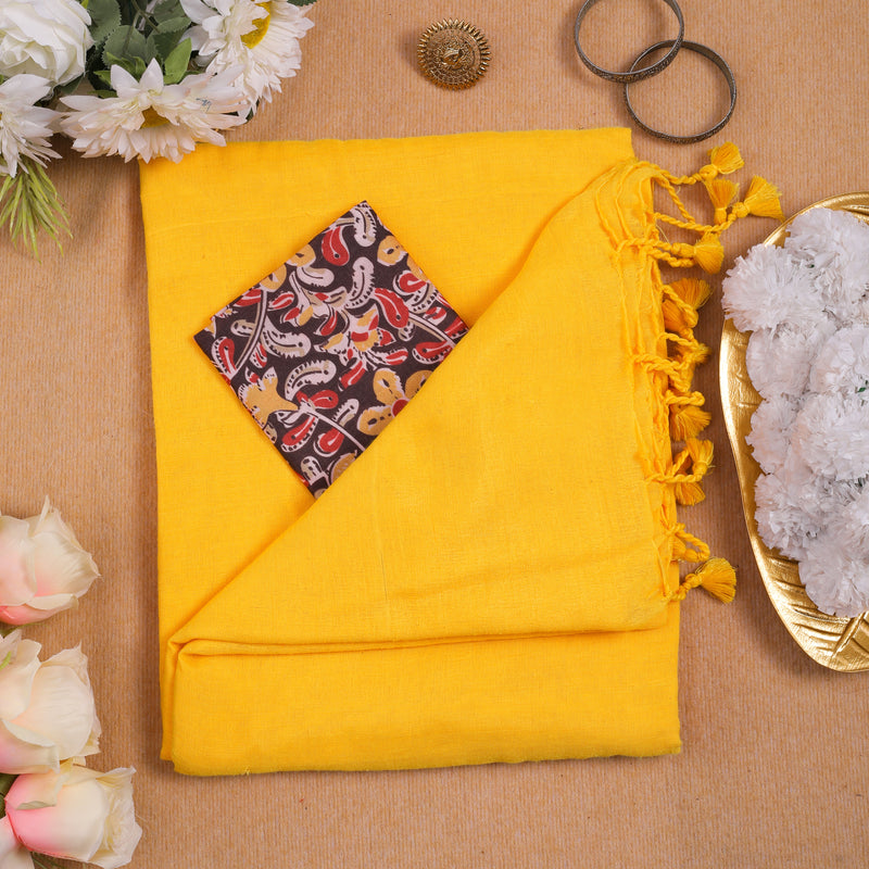 YELLOW HANDLOOM COTTON SAREE WITH PRINTED BLOUSE