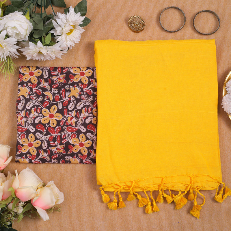 YELLOW HANDLOOM COTTON SAREE WITH PRINTED BLOUSE