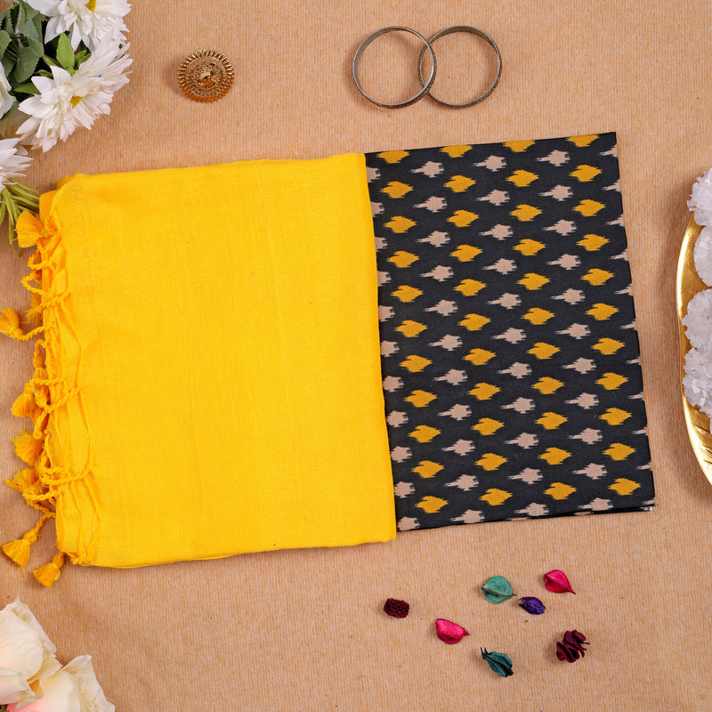 YELLOW HANDLOOM COTTON SAREE WITH PRINTED BLOUSE