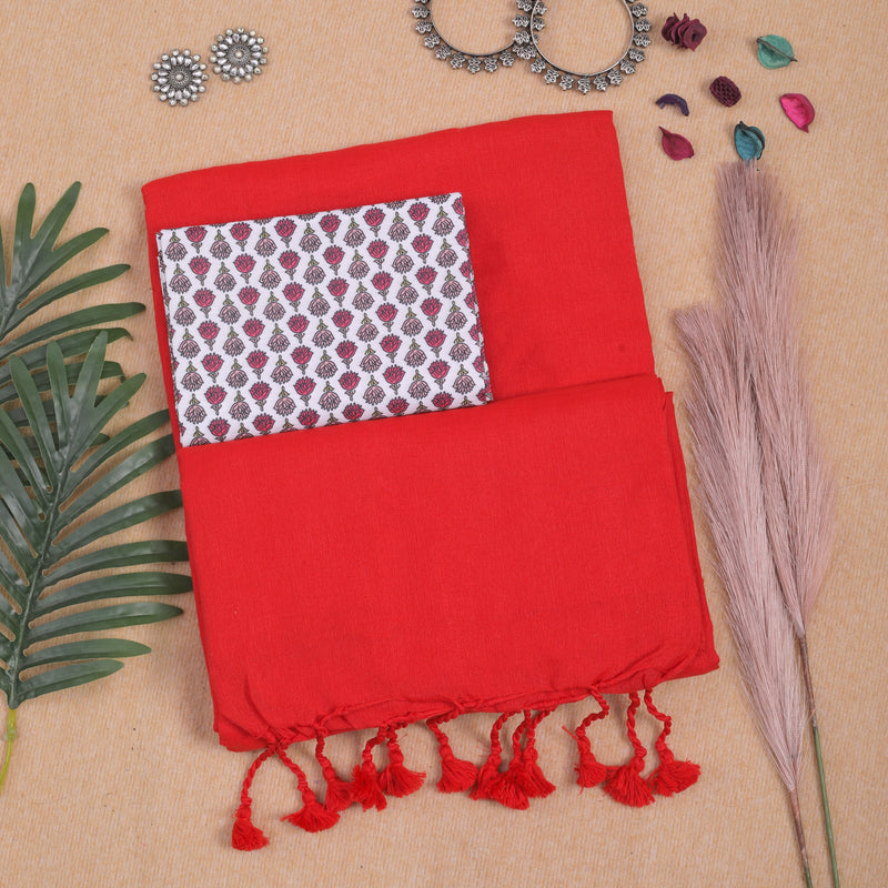 RED HANDLOOM COTTON SAREE WITH PRINTED BLOUSE