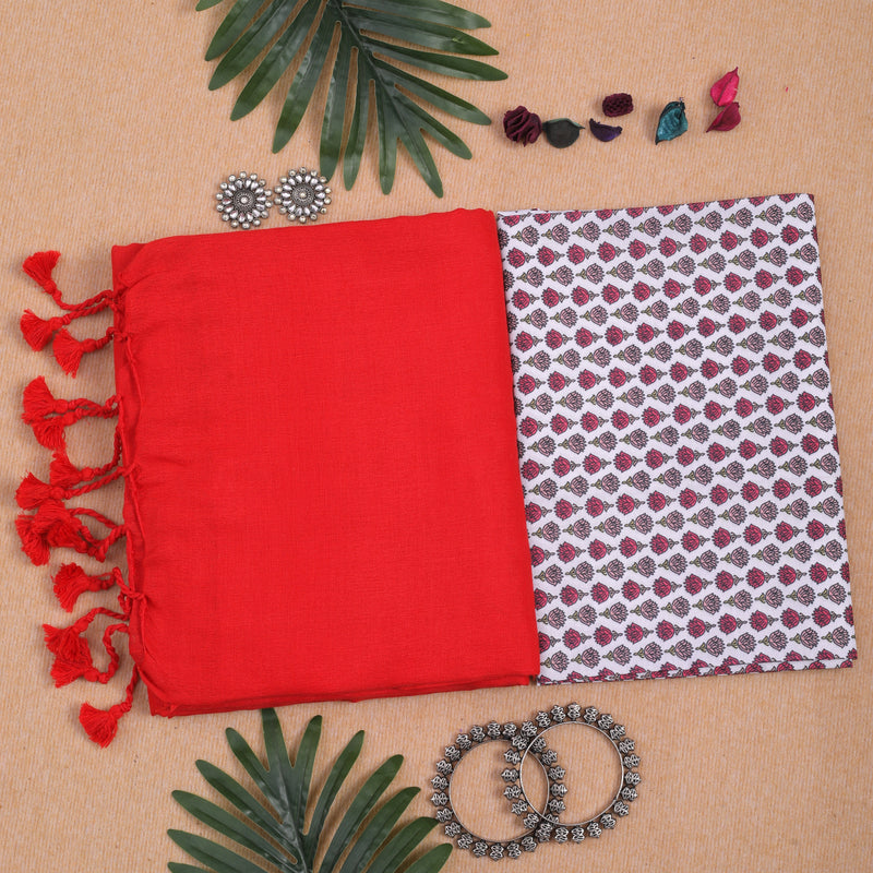 RED HANDLOOM COTTON SAREE WITH PRINTED BLOUSE
