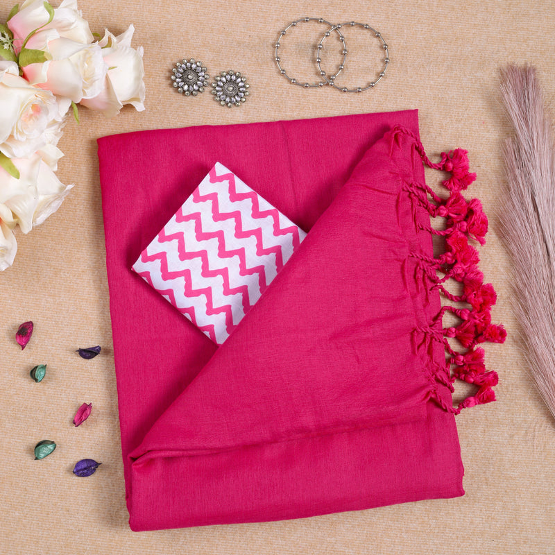 PINK HANDLOOM COTTON SAREE WITH PRINTED BLOUSE