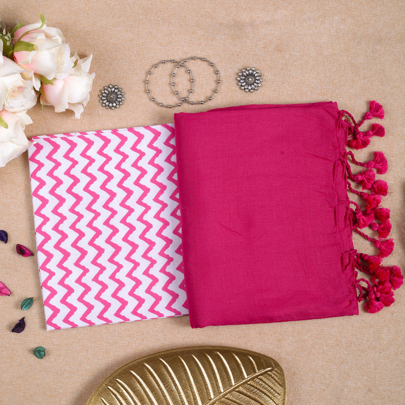 PINK HANDLOOM COTTON SAREE WITH PRINTED BLOUSE