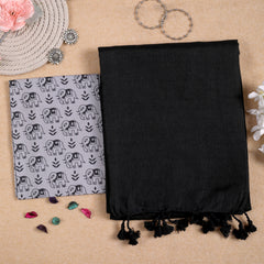 BLACK HANDLOOM COTTON SAREE WITH PRINTED BLOUSE