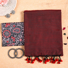 MAROON HANDLOOM COTTON SAREE WITH PRINTED BLOUSE