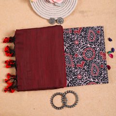 MAROON HANDLOOM COTTON SAREE WITH PRINTED BLOUSE