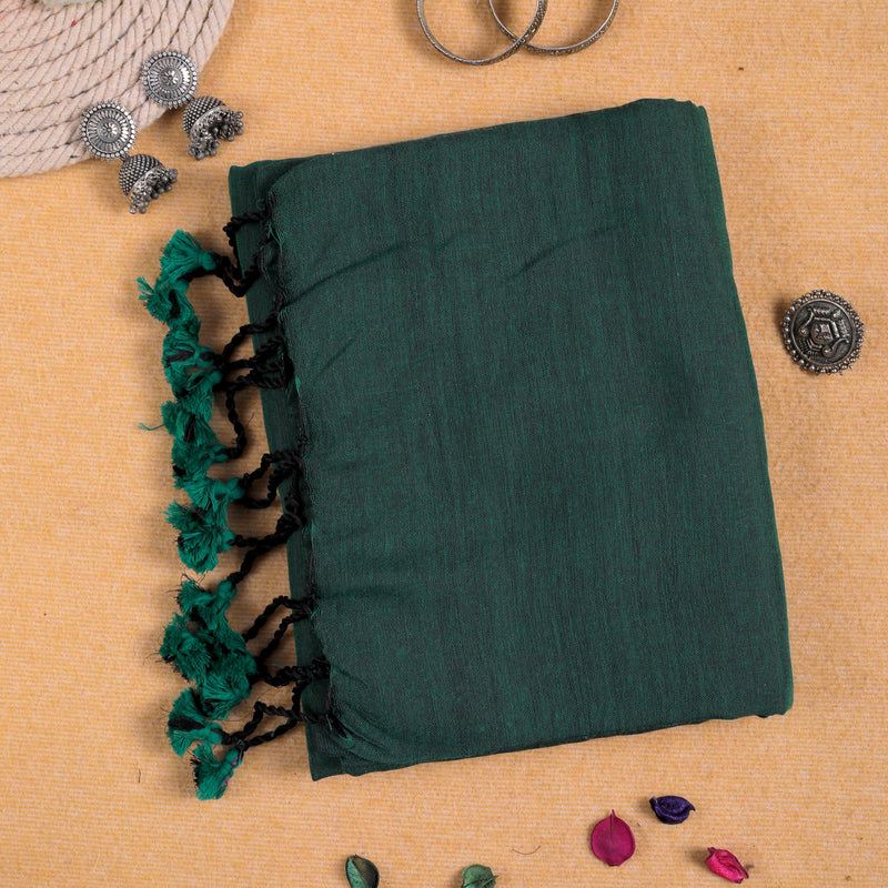 GREEN HANDLOOM COTTON SAREE WITH PRINTED BLOUSE