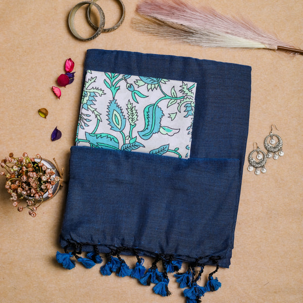 Blue Handloom Cotton Saree With Printed Blouse