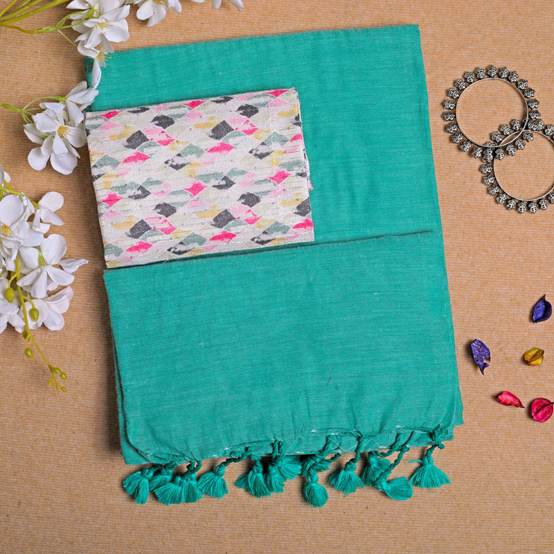 TEAL HANDLOOM COTTON SAREE WITH PRINTED BLOUSE