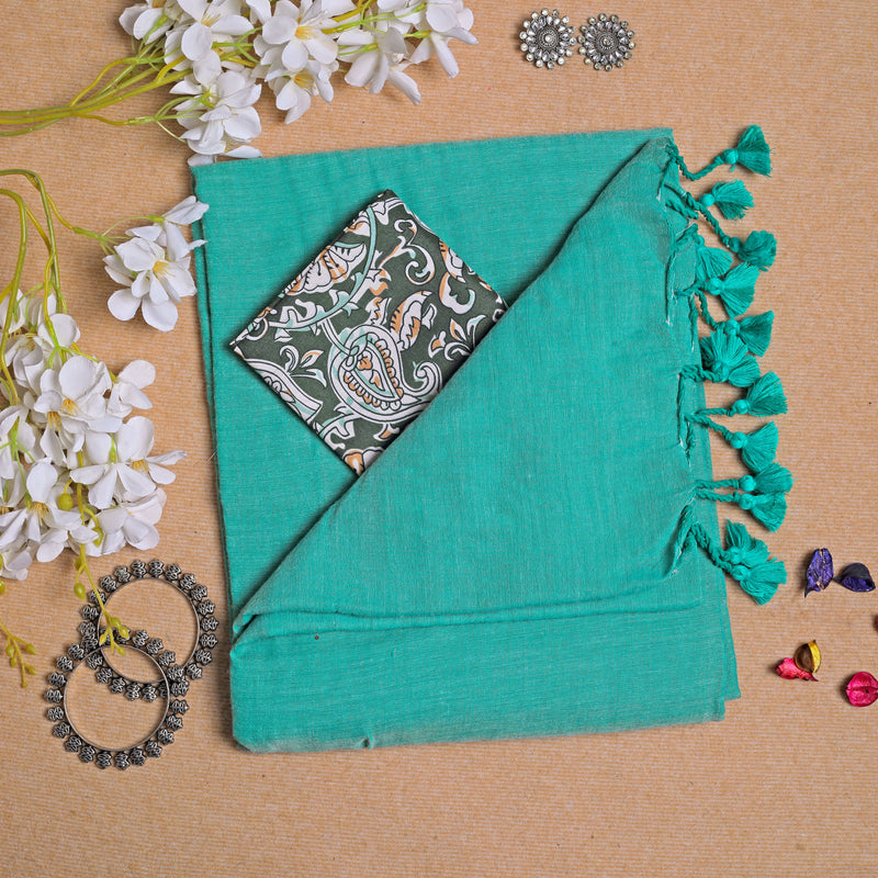 TEAL HANDLOOM COTTON SAREE WITH PRINTED BLOUSE