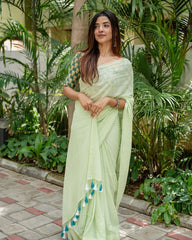 Fern Green Cotton Saree with Printed Blouse