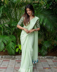 Fern Green Cotton Saree with Printed Blouse