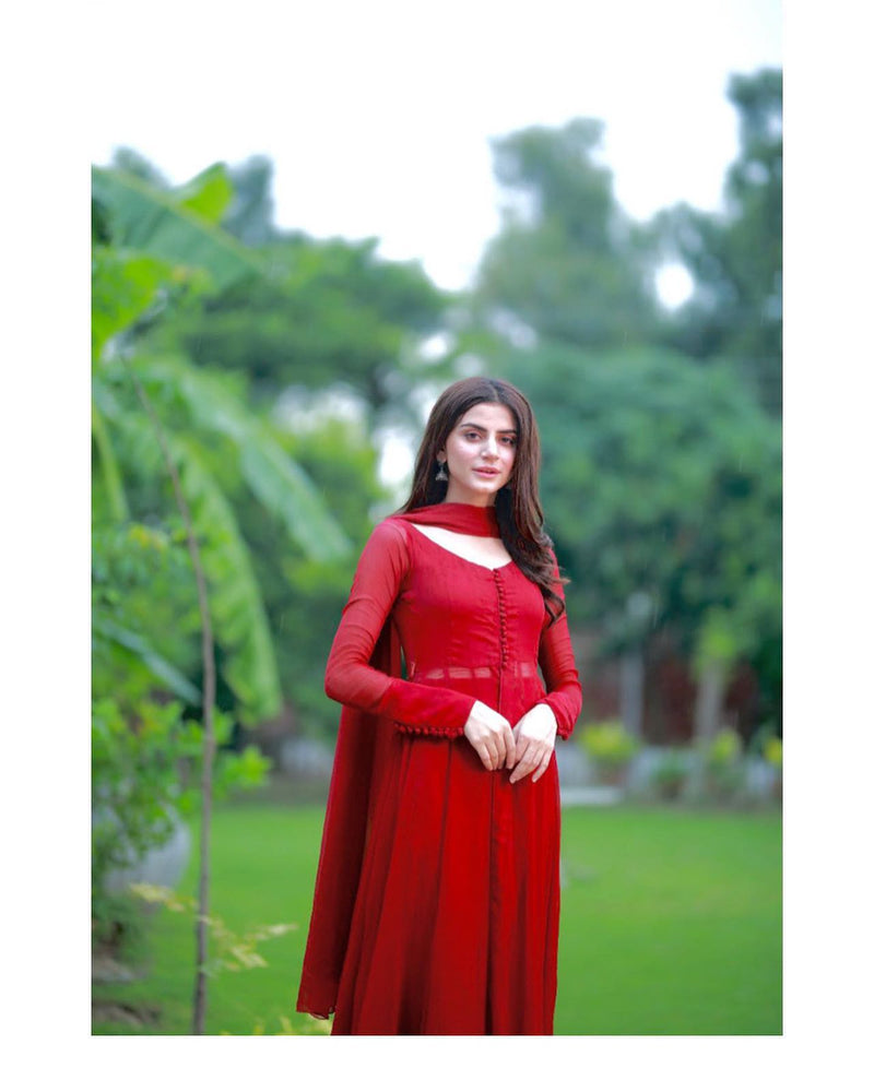 Red Elegant Georgette Silk Anarkali Suit with Modern Touch