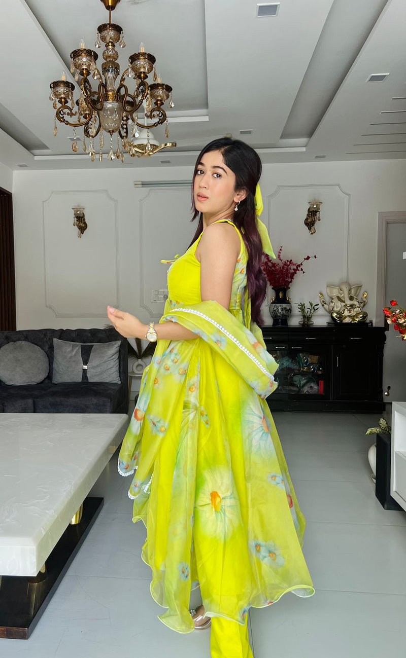 Lemon Green Color Digital Printed Anarkali Suit