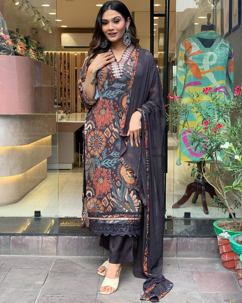 black Color Muslin Printed Straight Suit