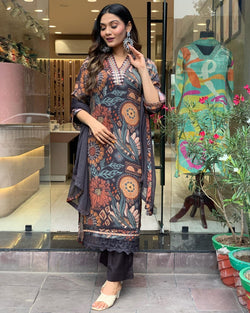 black Color Muslin Printed Straight Suit