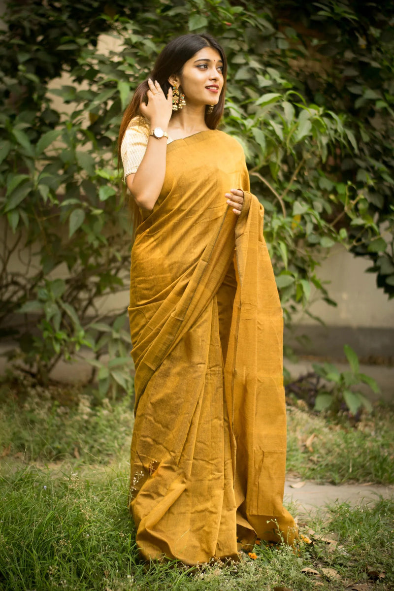 Mustard colour traditional looking Chanderi cotton saree