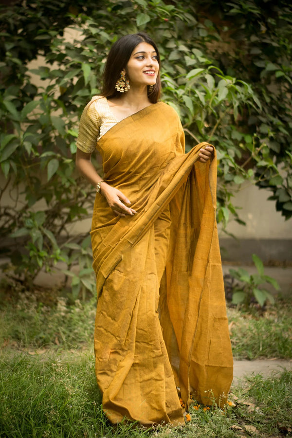 Mustard colour traditional looking Chanderi cotton saree