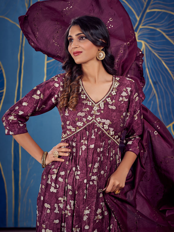 wine color Kurta Set With Dupatta