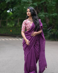 Purple colour traditional looking chanderi cotton saree