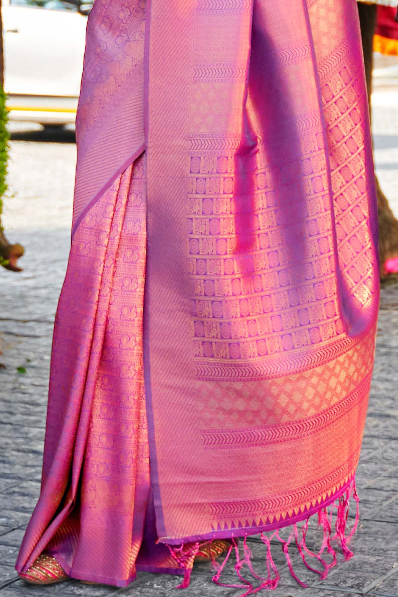 Beautiful Purple Kanjivaram Silk Saree With Snappy Blouse Piece